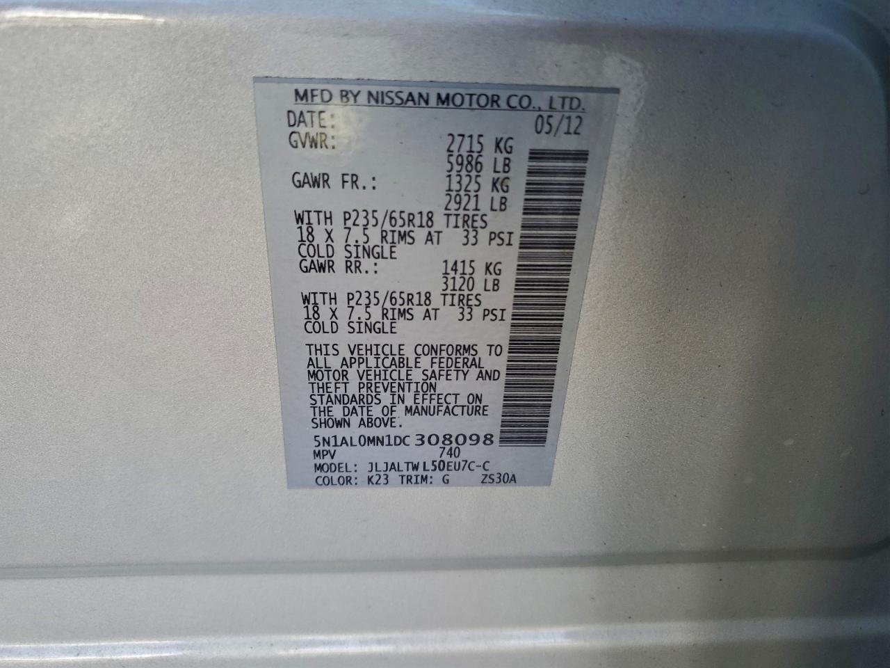 2013 Infiniti Jx35 VIN: 5N1AL0MN1DC308098 Lot: 93506965