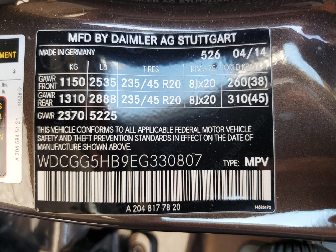 2014 Mercedes-Benz Glk 350 VIN: WDCGG5HB9EG330807 Lot: 92273665