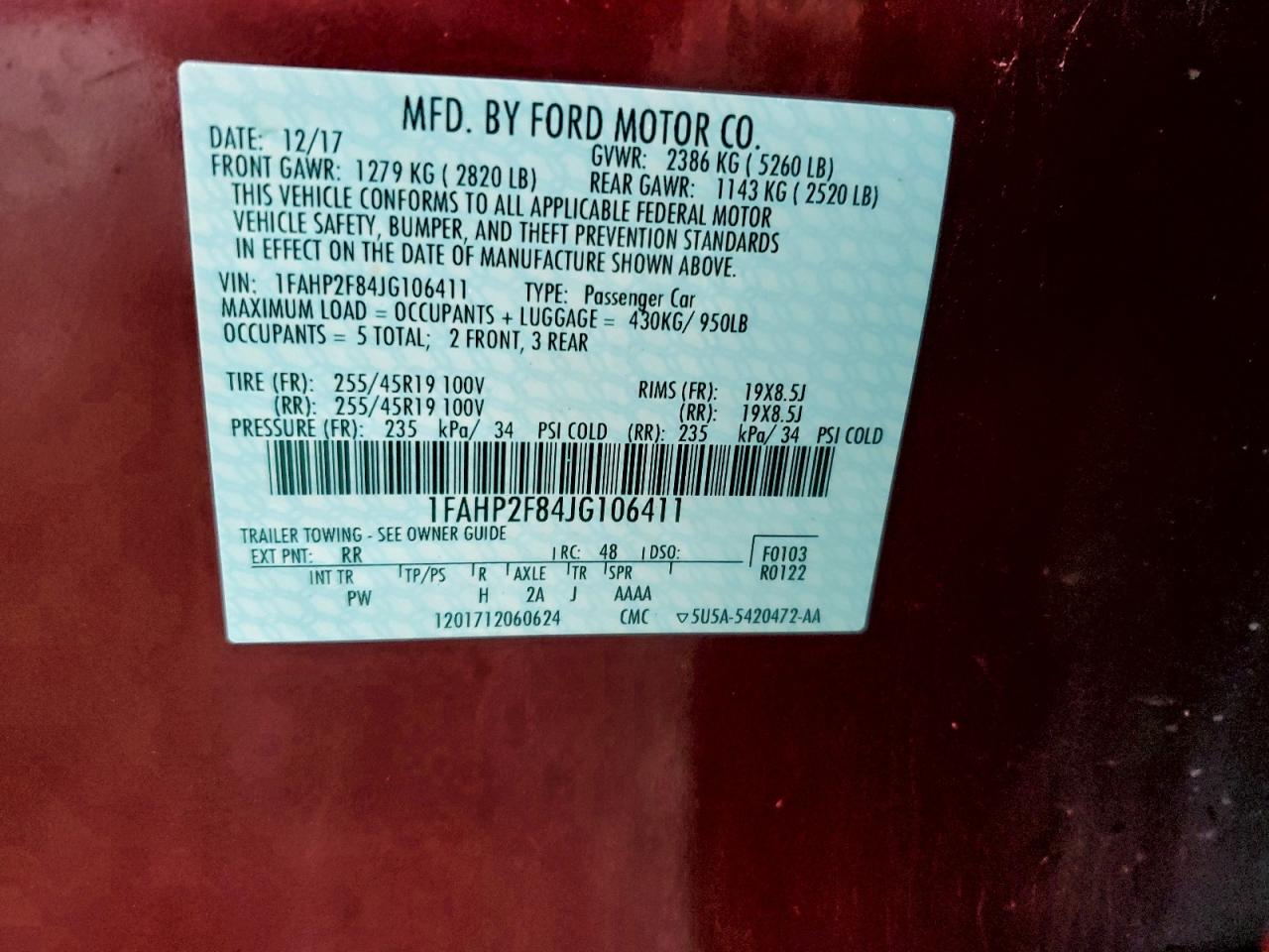 2018 Ford Taurus Limited VIN: 1FAHP2F84JG106411 Lot: 94554565