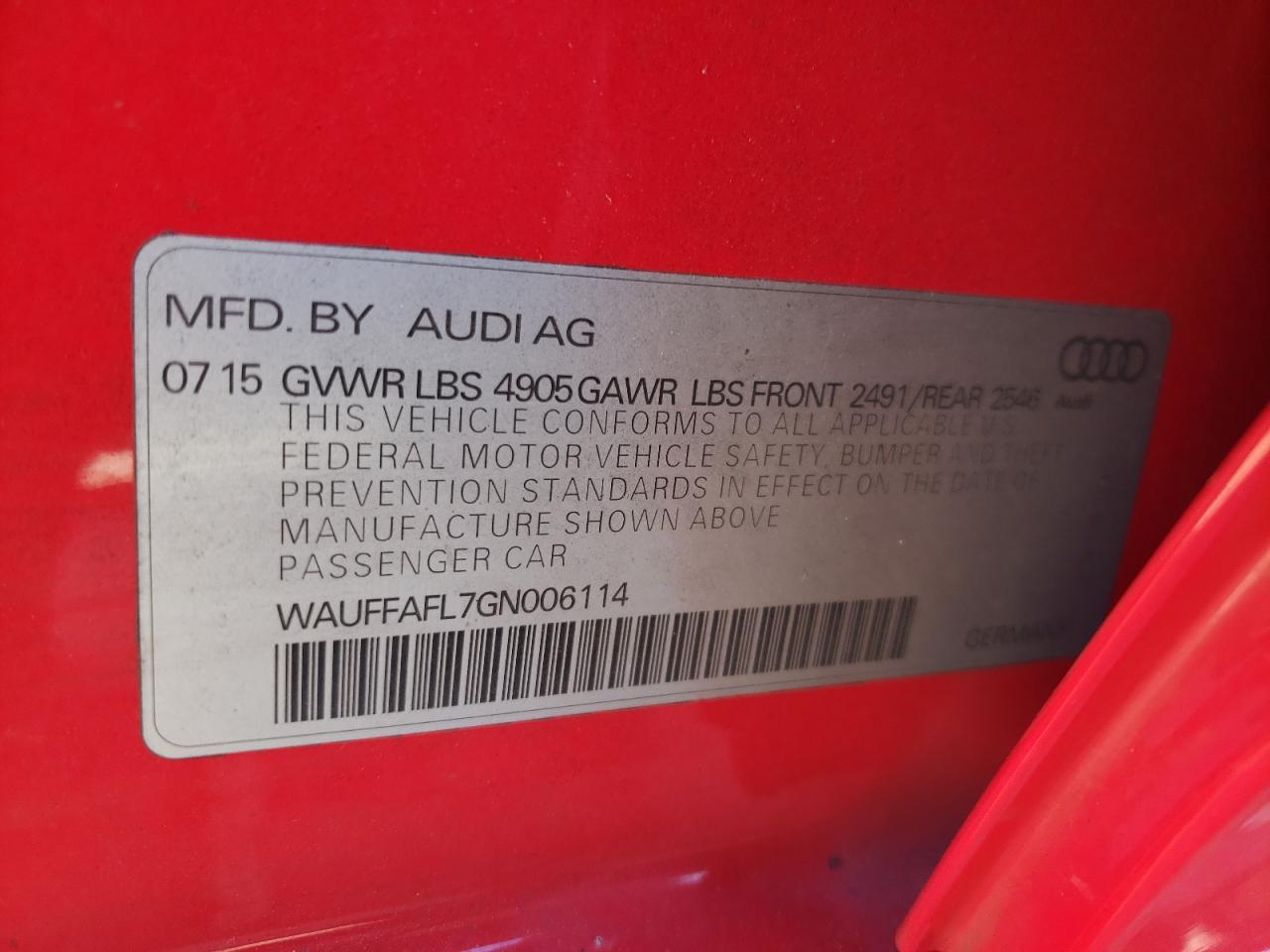 2016 Audi A4 Premium Plus S-Line VIN: WAUFFAFL7GN006114 Lot: 91941155