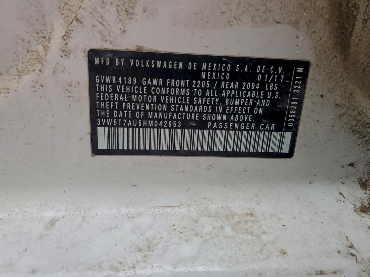 2017 Volkswagen Gti S VIN: 3VW5T7AU5HM042953 Lot: 93275135