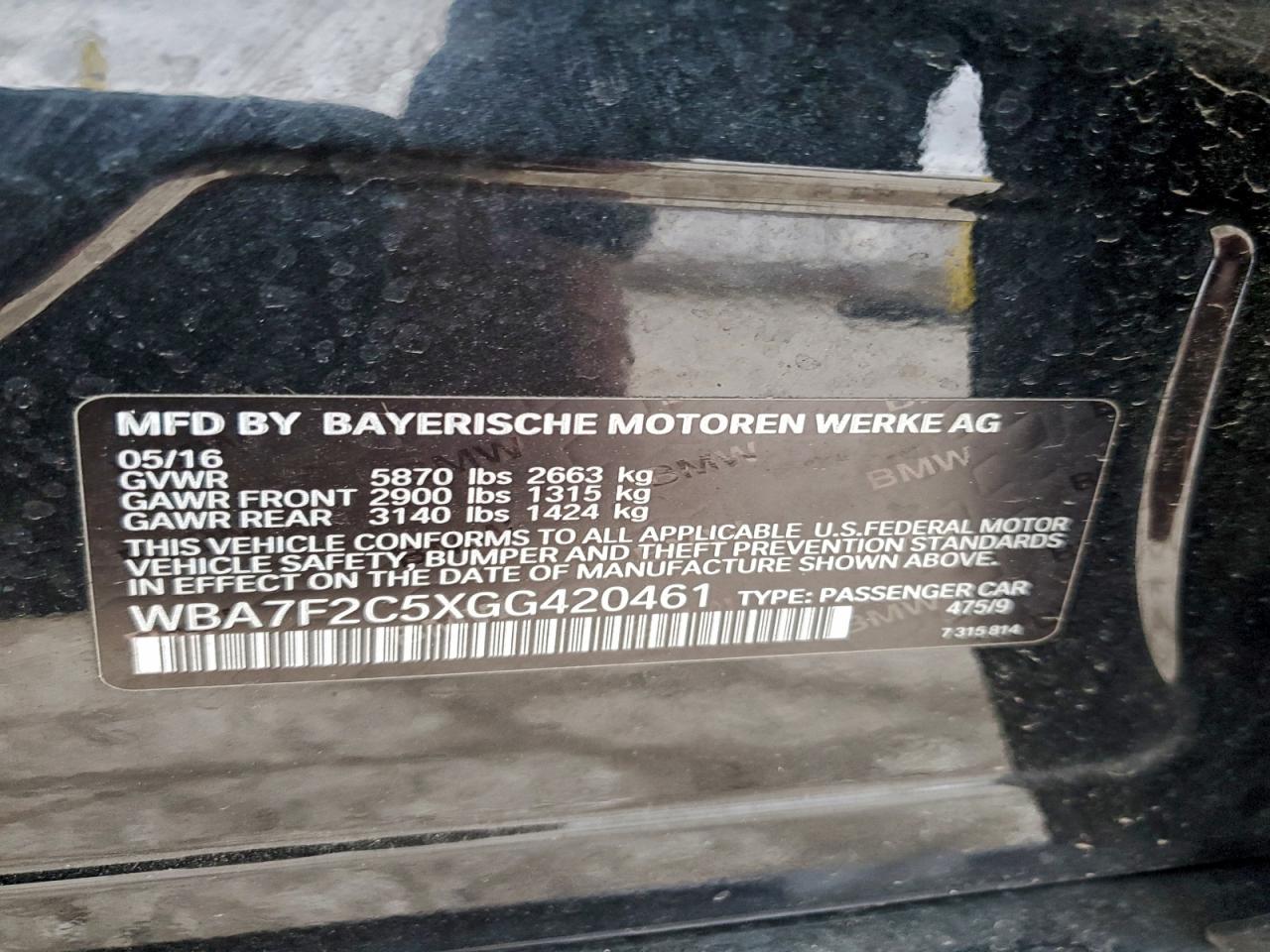 2016 BMW 750 Xi VIN: WBA7F2C5XGG420461 Lot: 93945475