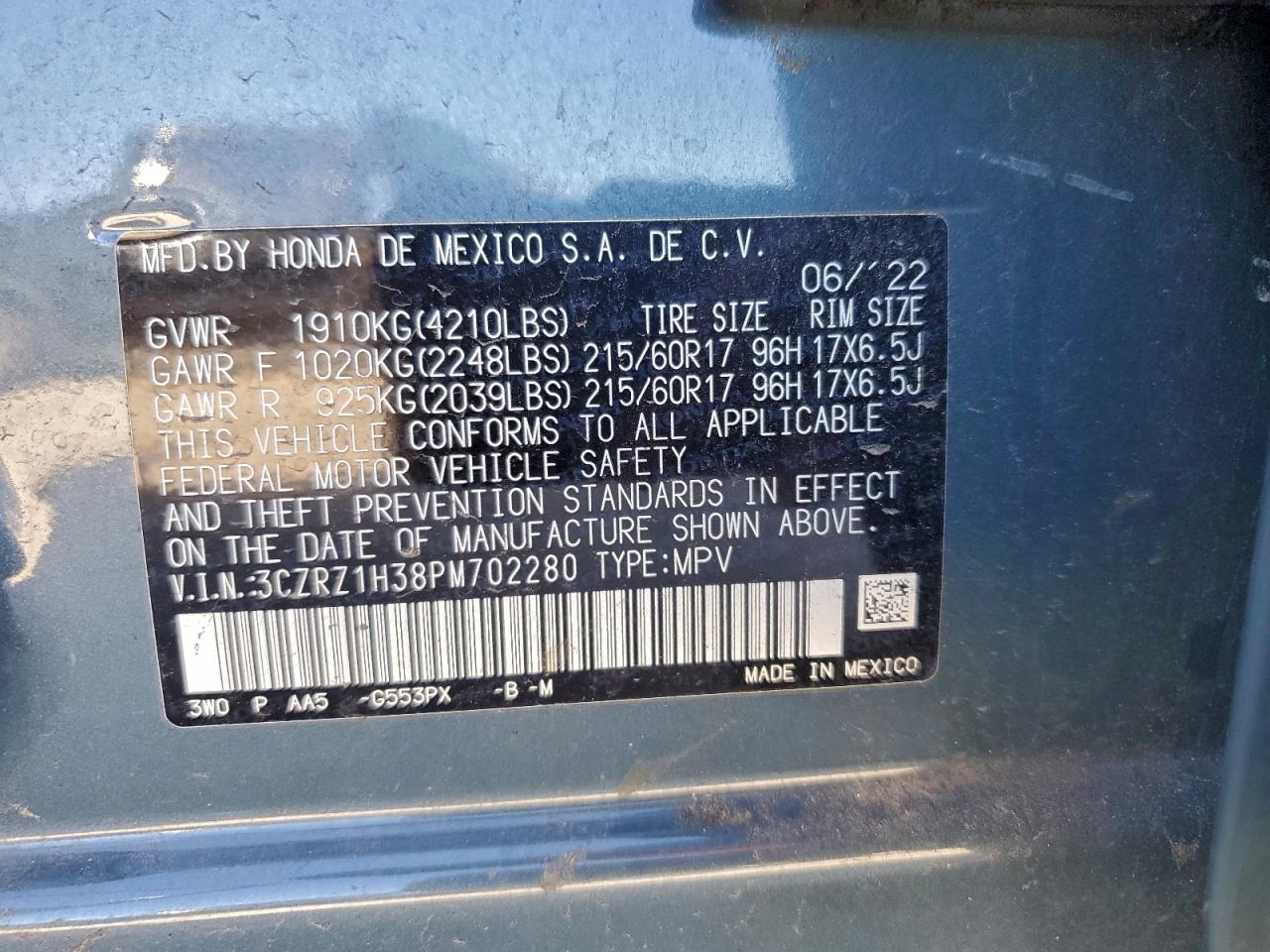 2023 Honda Hr-V Lx VIN: 3CZRZ1H38PM702280 Lot: 94524345