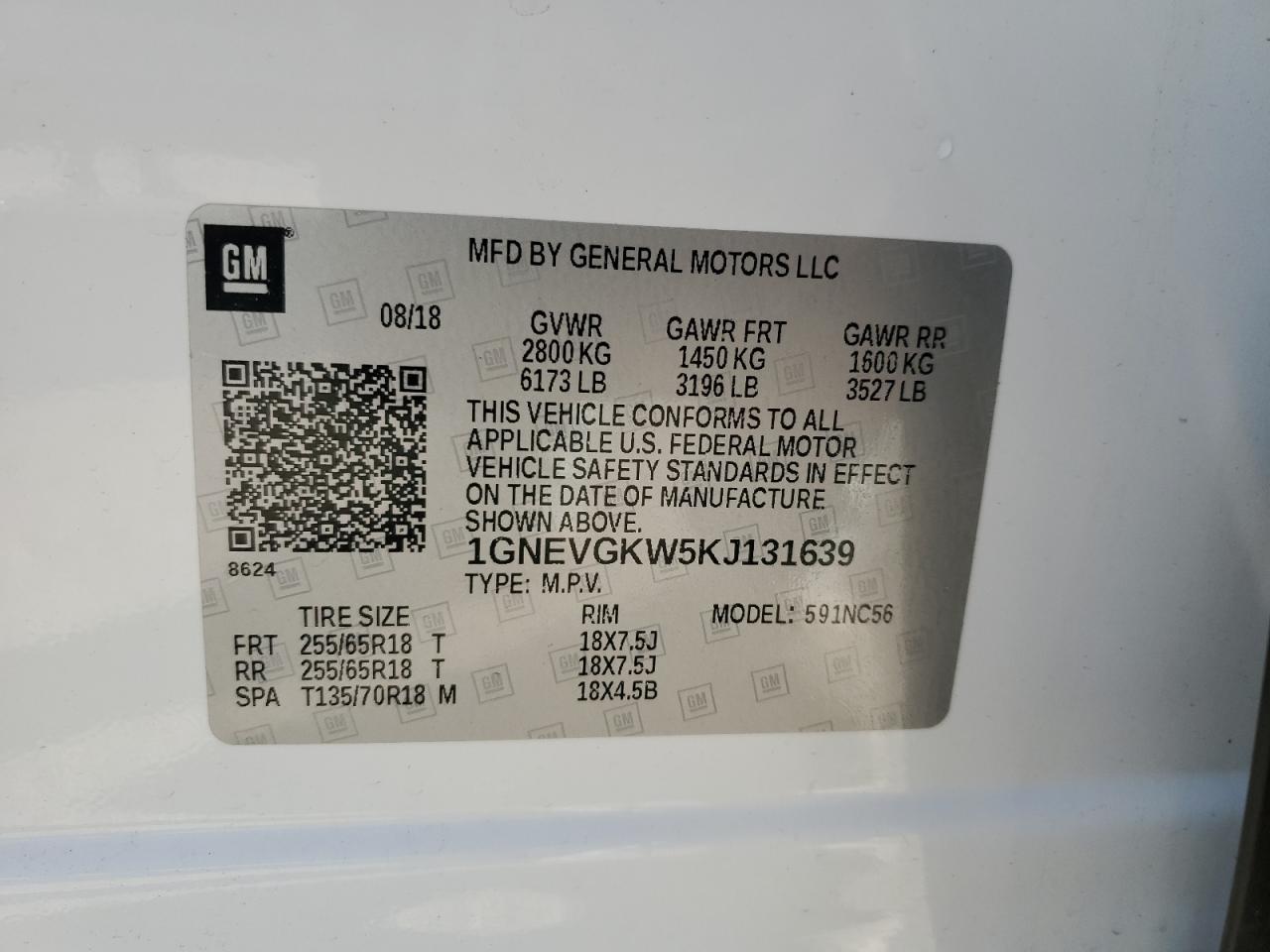 2019 Chevrolet Traverse Lt VIN: 1GNEVGKW5KJ131639 Lot: 91009445