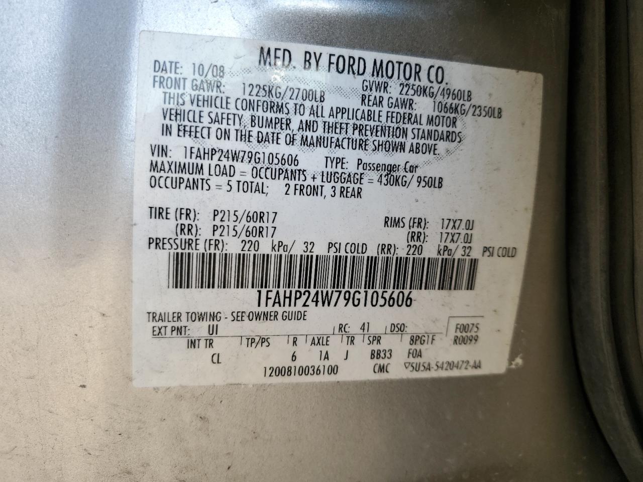 2009 Ford Taurus Sel VIN: 1FAHP24W79G105606 Lot: 92602995