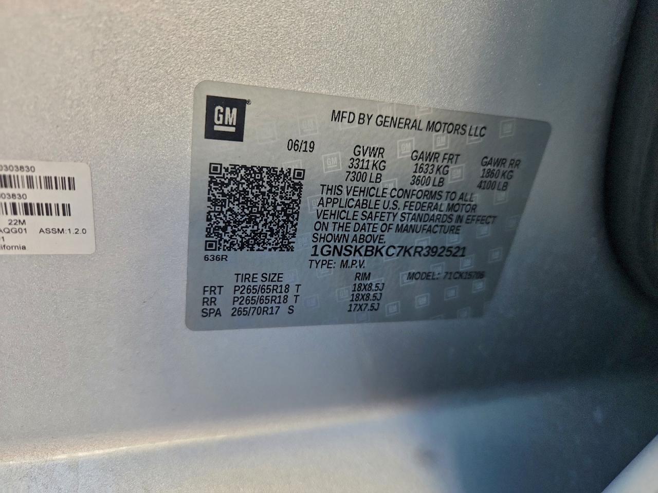 2019 Chevrolet Tahoe K1500 Lt VIN: 1GNSKBKC7KR392521 Lot: 94089265