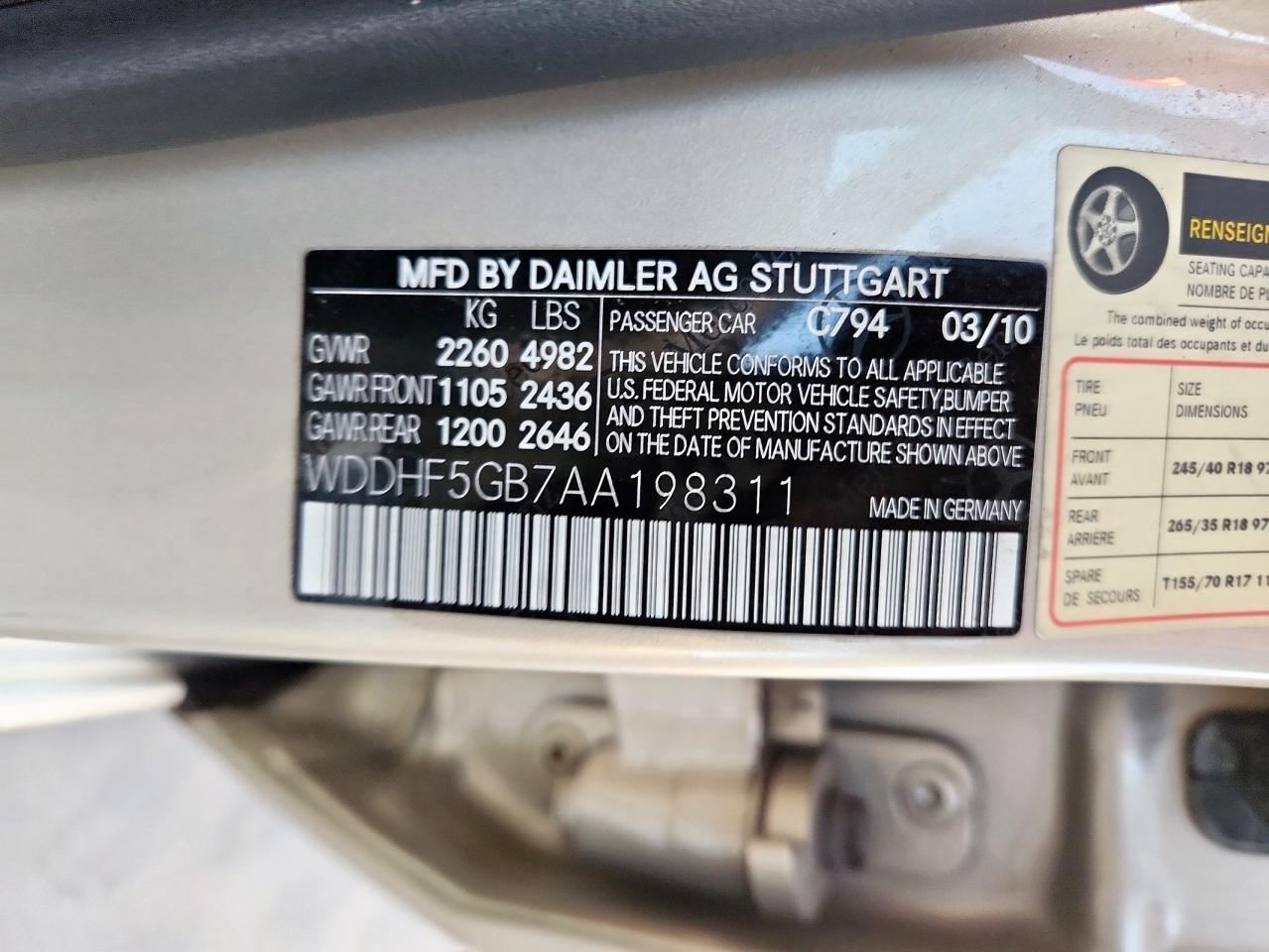 2010 Mercedes-Benz E 350 VIN: WDDHF5GB7AA198311 Lot: 92933595