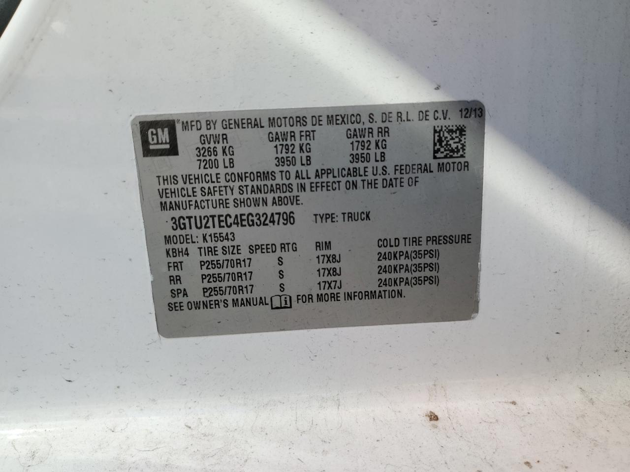 2014 GMC Sierra K1500 VIN: 3GTU2TEC4EG324796 Lot: 91344945