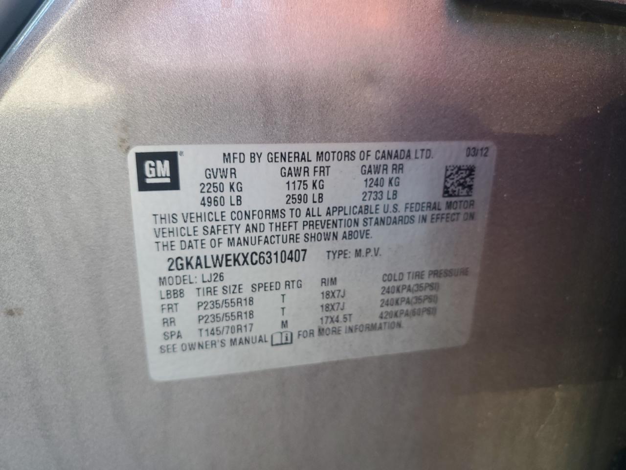 2012 GMC Terrain Slt VIN: 2GKALWEKXC6310407 Lot: 91428755