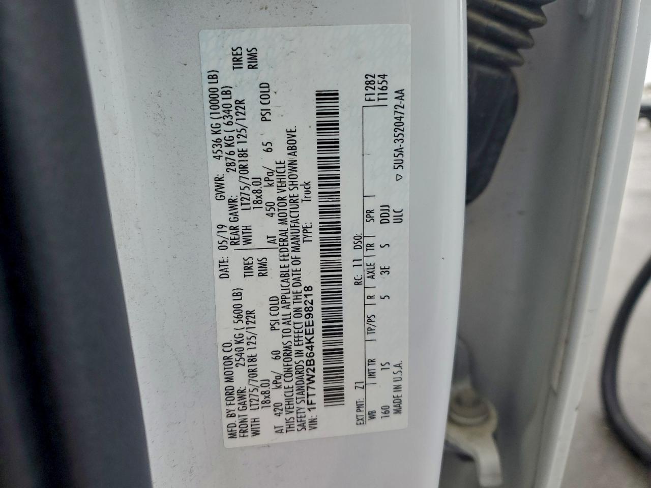 2019 Ford F250 Super Duty VIN: 1FT7W2B64KEE98218 Lot: 94170695