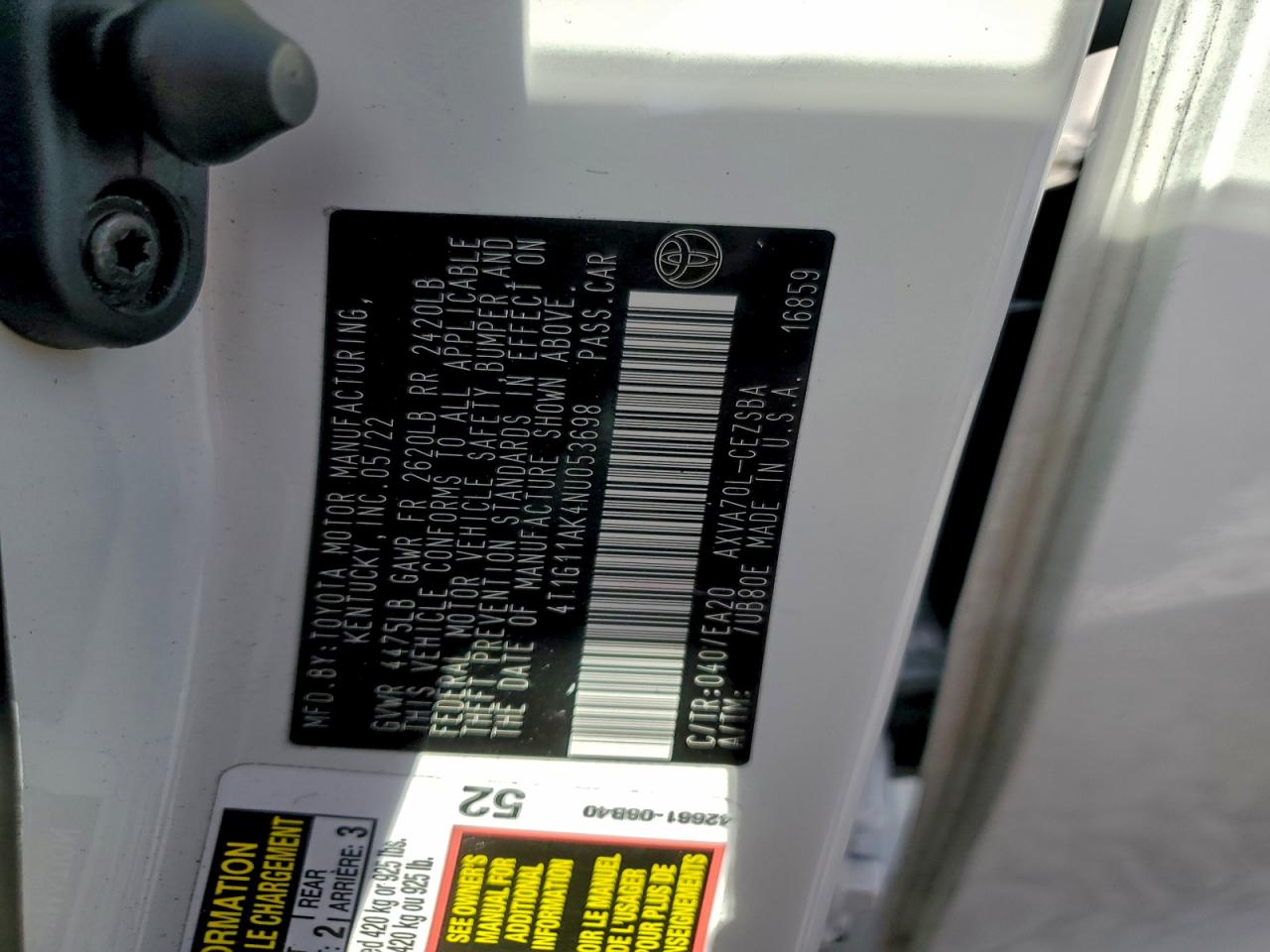 2022 Toyota Camry Se VIN: 4T1G11AK4NU053698 Lot: 94533155