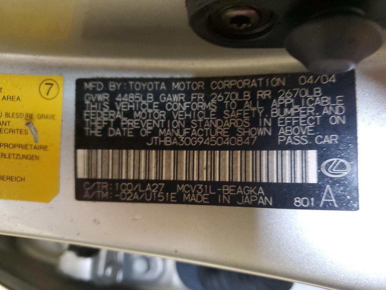 2004 Lexus Es 330 VIN: JTHBA30G945040847 Lot: 93608365