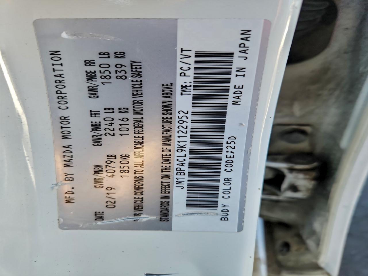 2019 Mazda 3 Preferred Plus VIN: JM1BPACL9K1122952 Lot: 93829675