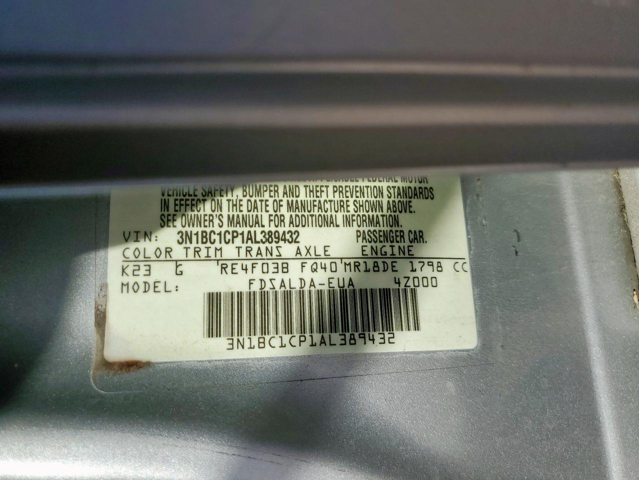 2010 Nissan Versa S VIN: 3N1BC1CP1AL389432 Lot: 92427235