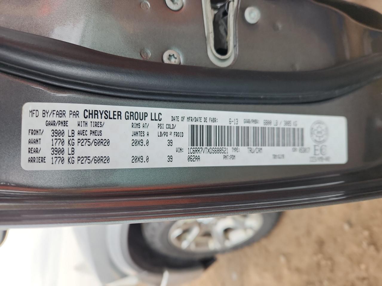 2013 Ram 1500 Laramie VIN: 1C6RR7VTXDS688521 Lot: 93211685