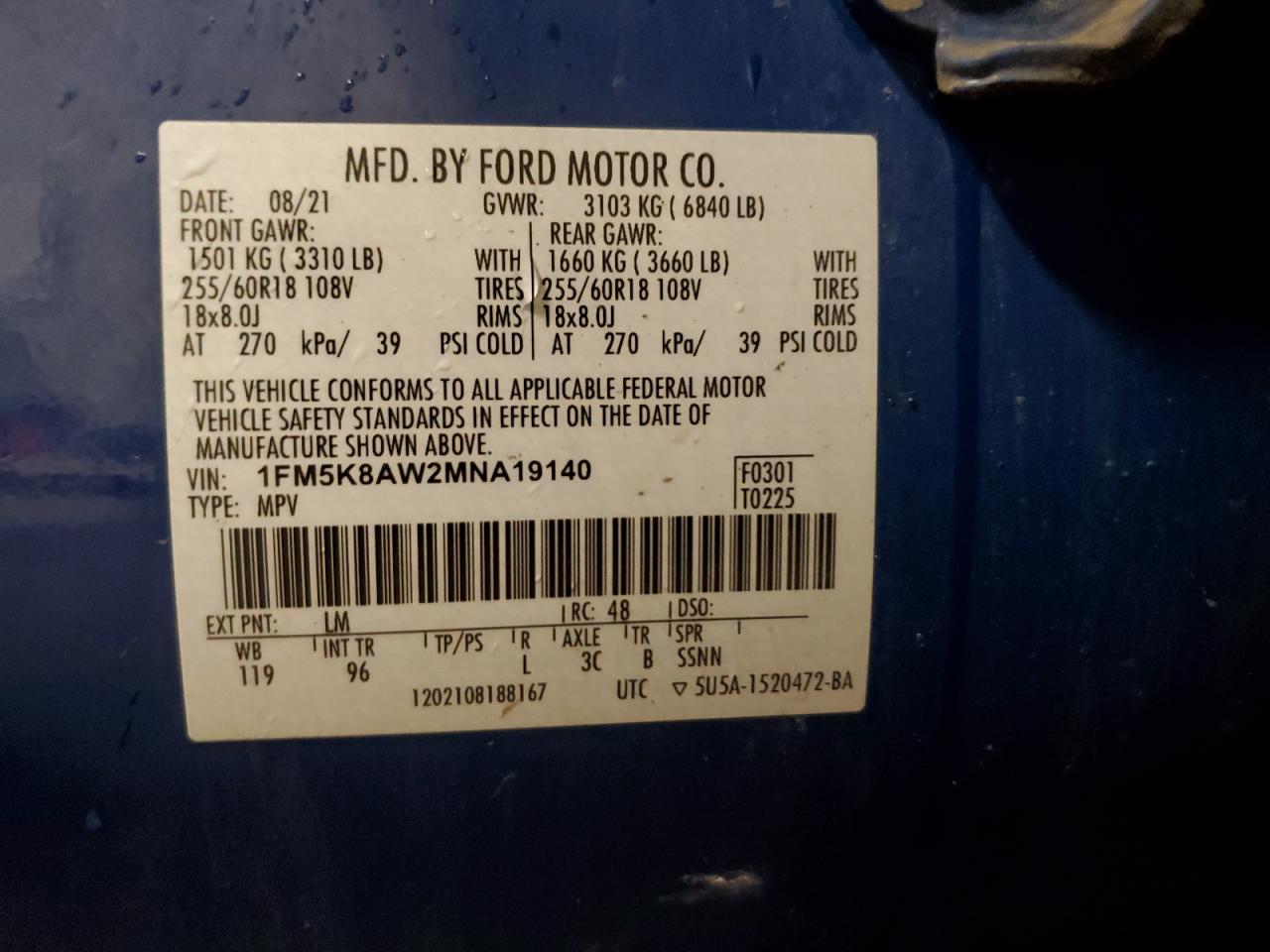 2021 Ford Explorer Police Interceptor VIN: 1FM5K8AW2MNA19140 Lot: 92298755