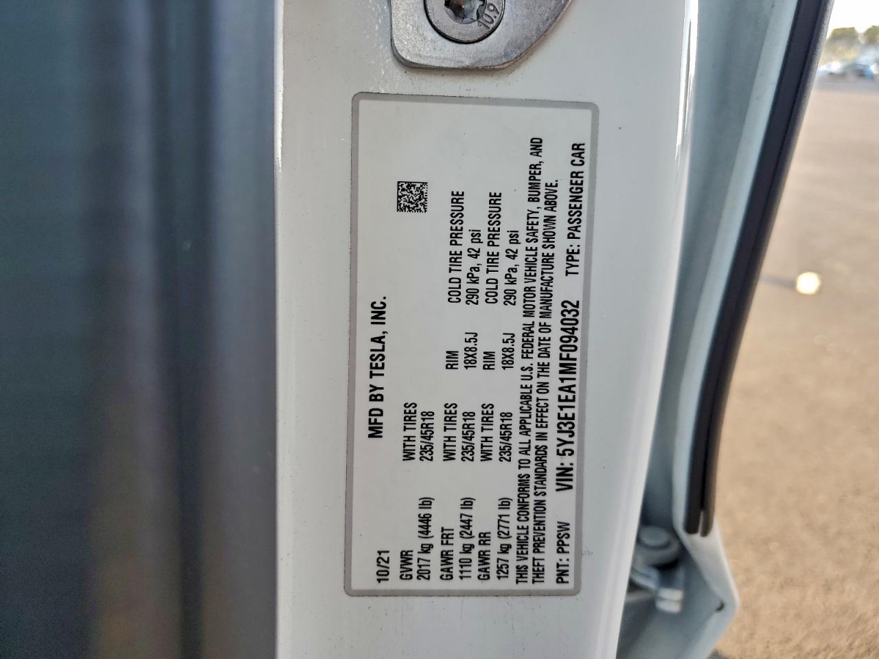 2021 Tesla Model 3 VIN: 5YJ3E1EA1MF094032 Lot: 93923395