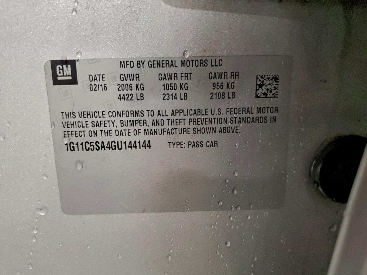 2016 Chevrolet Malibu Limited Lt VIN: 1G11C5SA4GU144144 Lot: 94748945