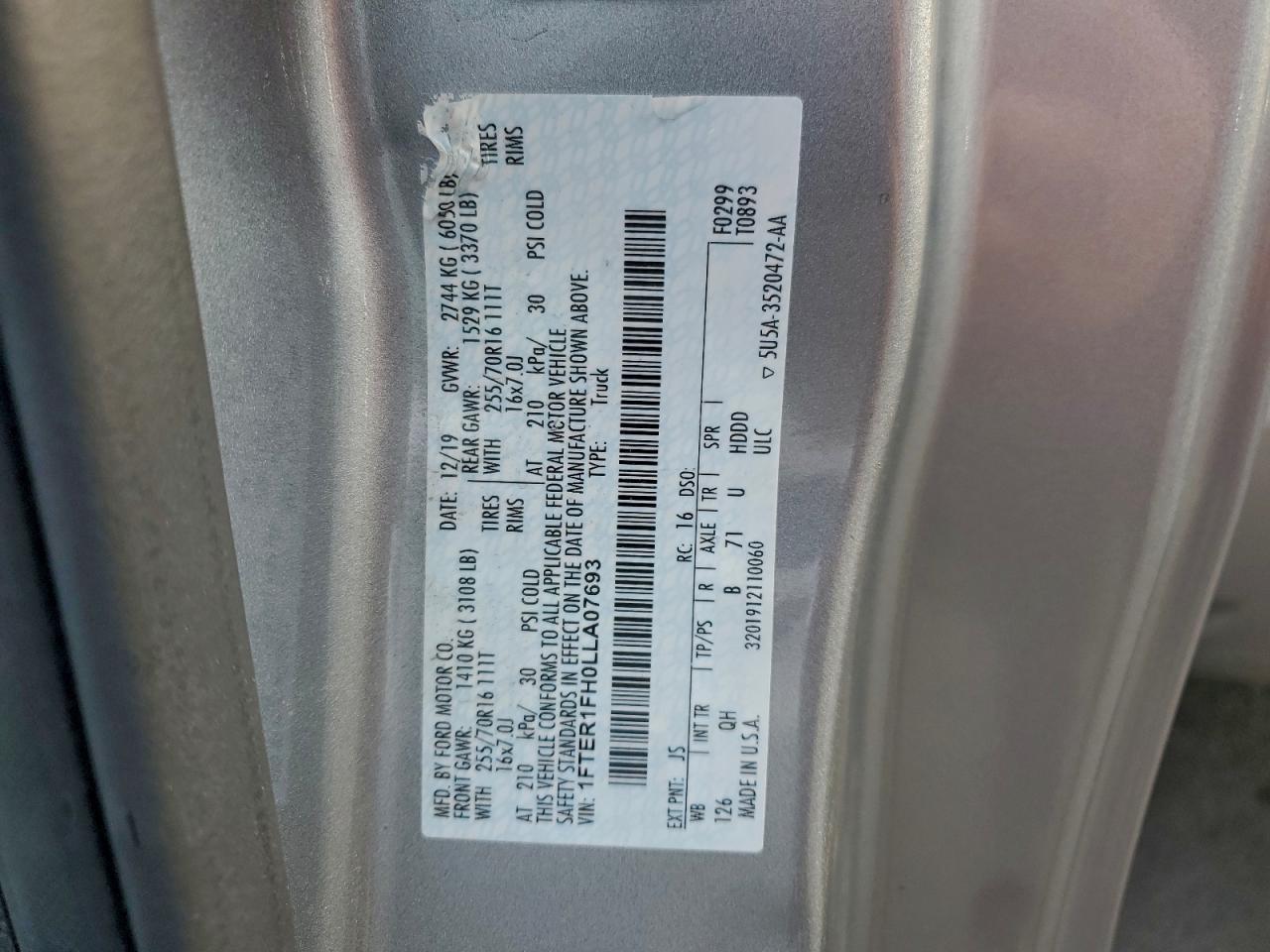 2020 Ford Ranger Xl VIN: 1FTER1FH0LLA07693 Lot: 93910595