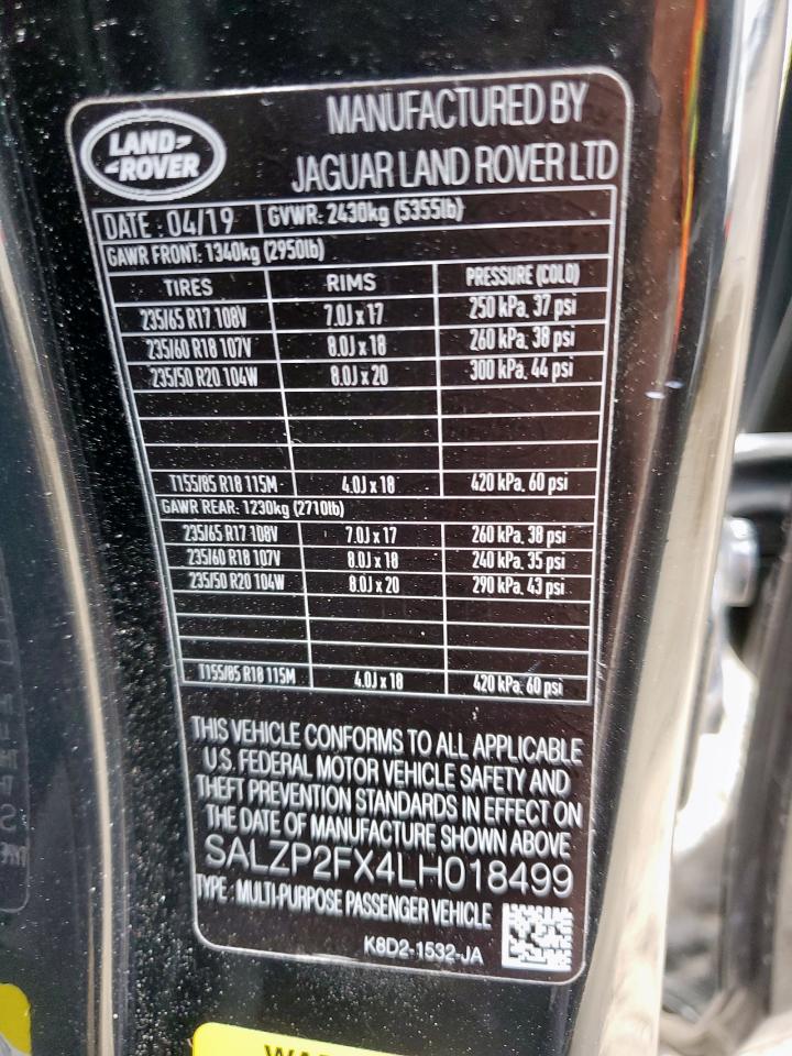 2020 Land Rover Range Rover Evoque Se VIN: SALZP2FX4LH018499 Lot: 93007855