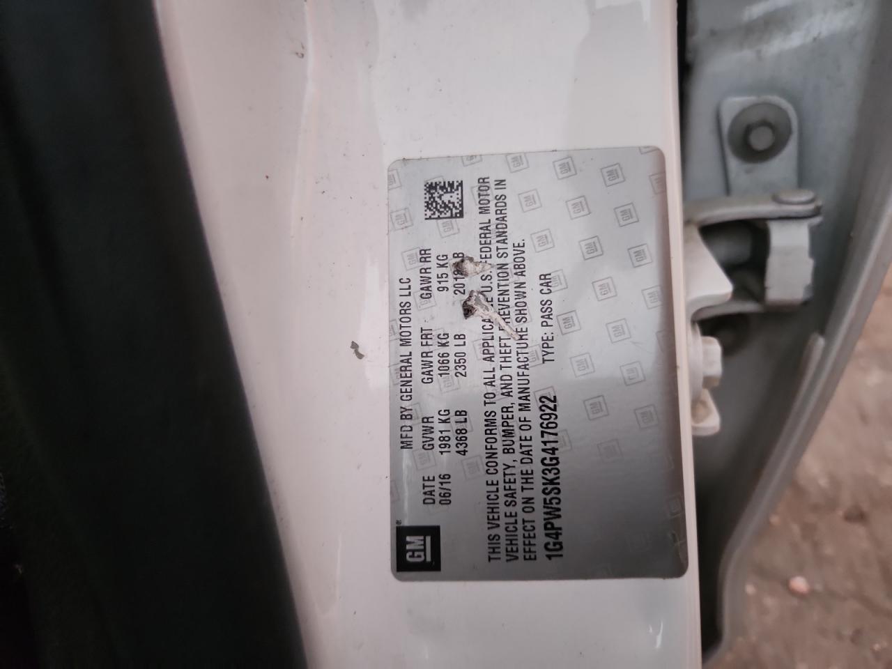 2016 Buick Verano Sport Touring VIN: 1G4PW5SK3G4176922 Lot: 92855975