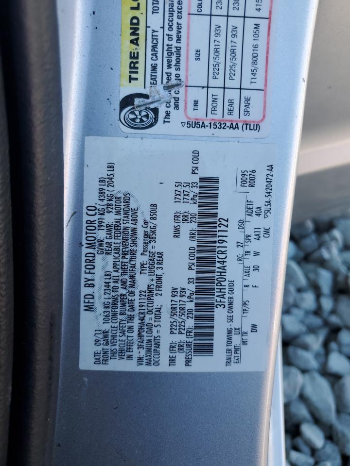 2012 Ford Fusion Se VIN: 3FAHP0HA4CR191122 Lot: 91352455