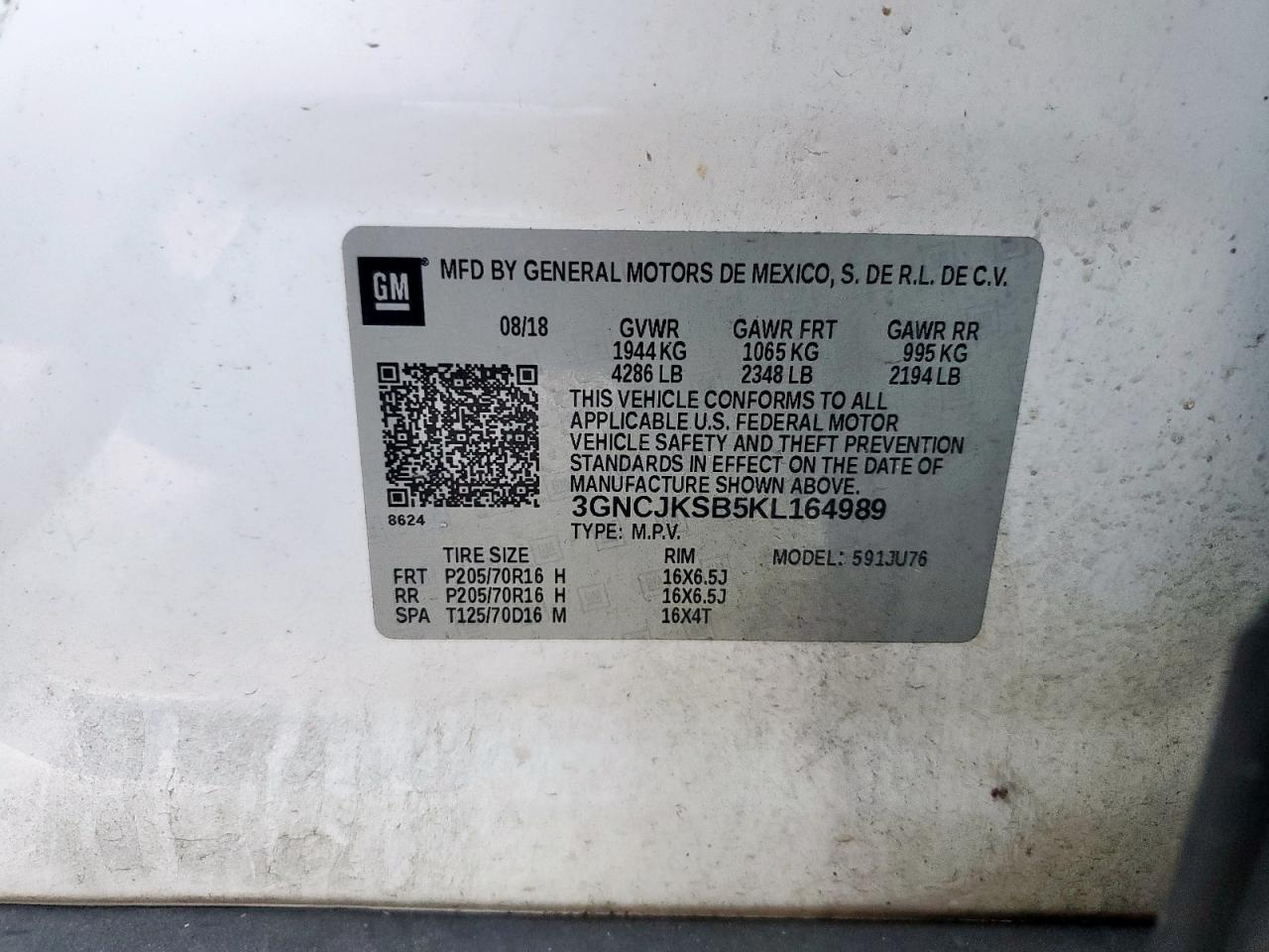 2019 Chevrolet Trax Ls VIN: 3GNCJKSB5KL164989 Lot: 92792555