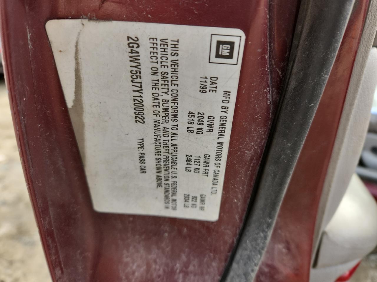 2000 Buick Century Limited VIN: 2G4WY55J7Y1200922 Lot: 90591685