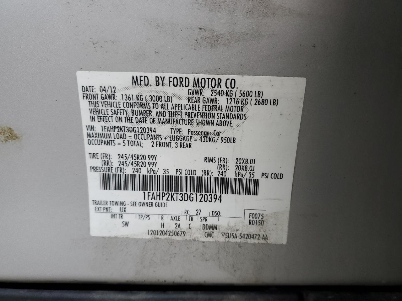 2013 Ford Taurus Sho VIN: 1FAHP2KT3DG120394 Lot: 91865705