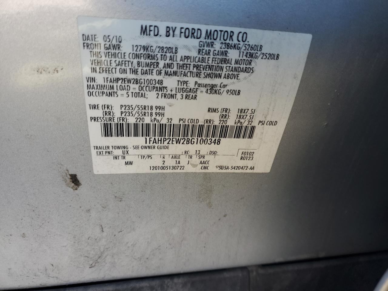 2011 Ford Taurus Sel VIN: 1FAHP2EW2BG100348 Lot: 92116785