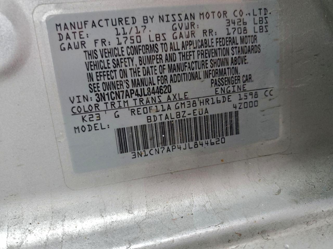 2018 Nissan Versa S VIN: 3N1CN7AP4JL844620 Lot: 94139575