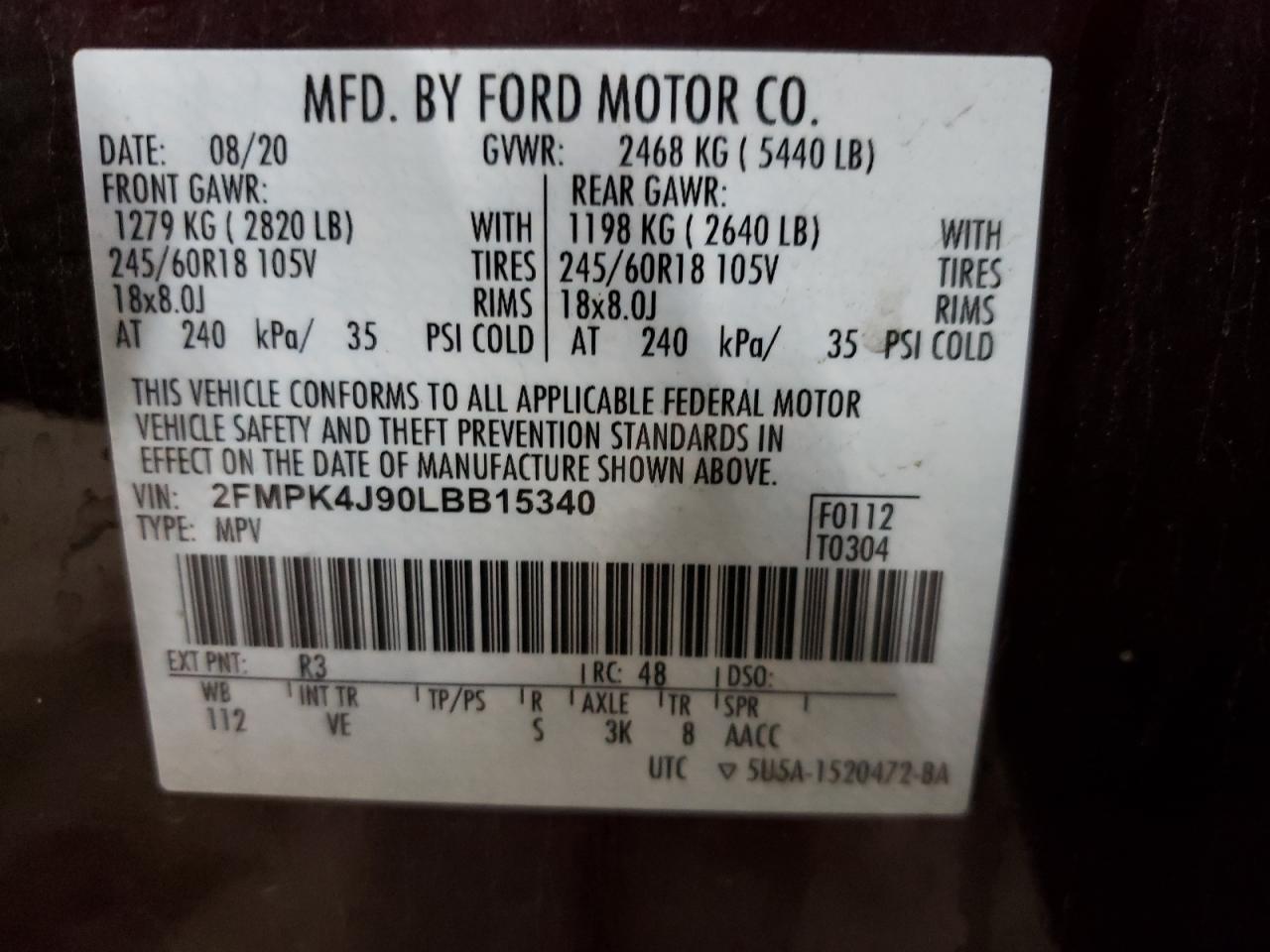 2020 Ford Edge Sel VIN: 2FMPK4J90LBB15340 Lot: 92138435