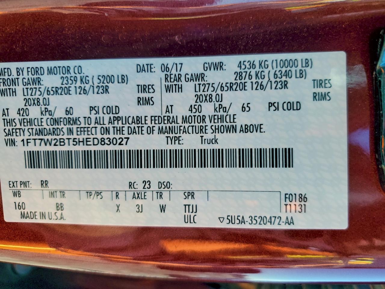 2017 Ford F250 Super Duty VIN: 1FT7W2BT5HED83027 Lot: 93535925