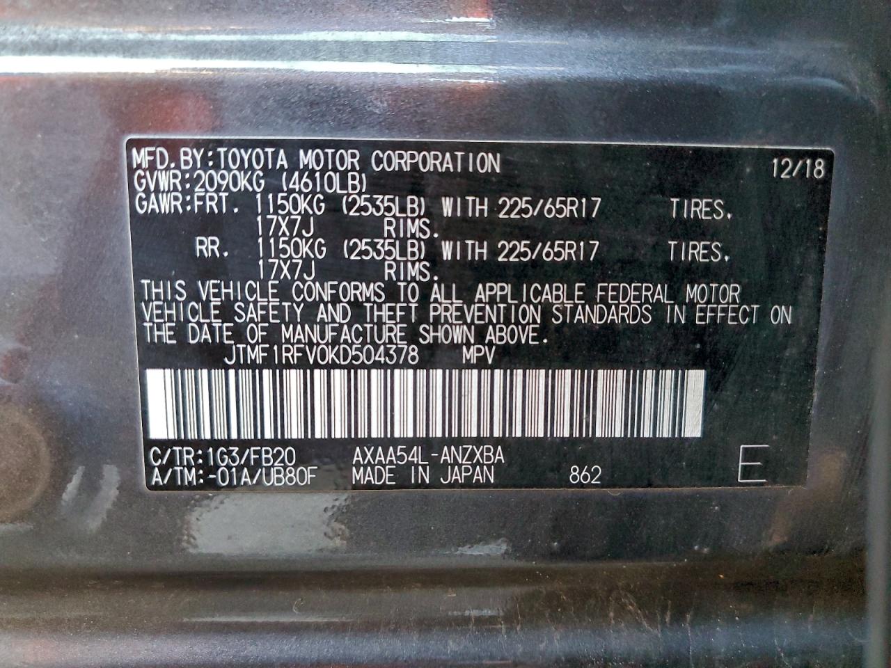 2019 Toyota Rav4 Le VIN: JTMF1RFV0KD504378 Lot: 93947945