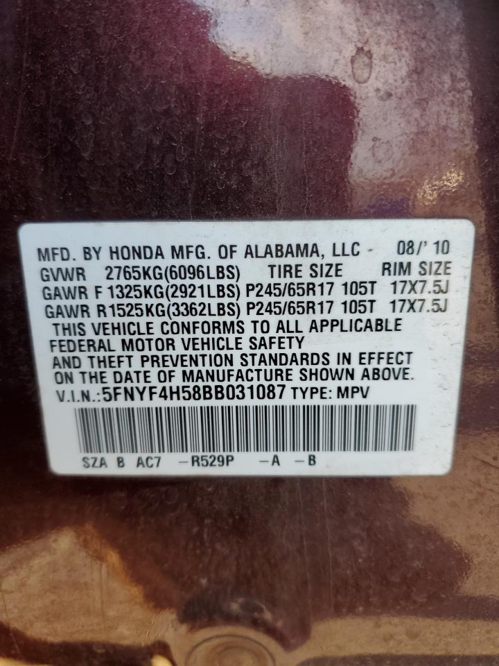 2011 Honda Pilot Exl VIN: 5FNYF4H58BB031087 Lot: 92664305