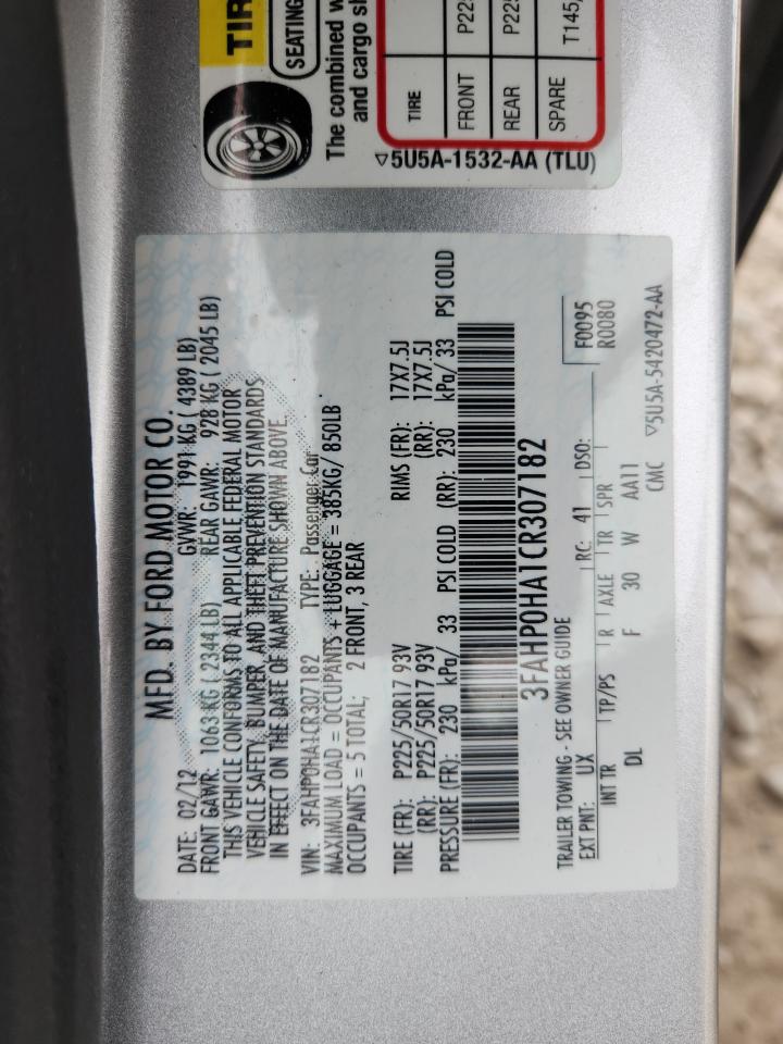 2012 Ford Fusion Se VIN: 3FAHP0HA1CR307182 Lot: 91728365