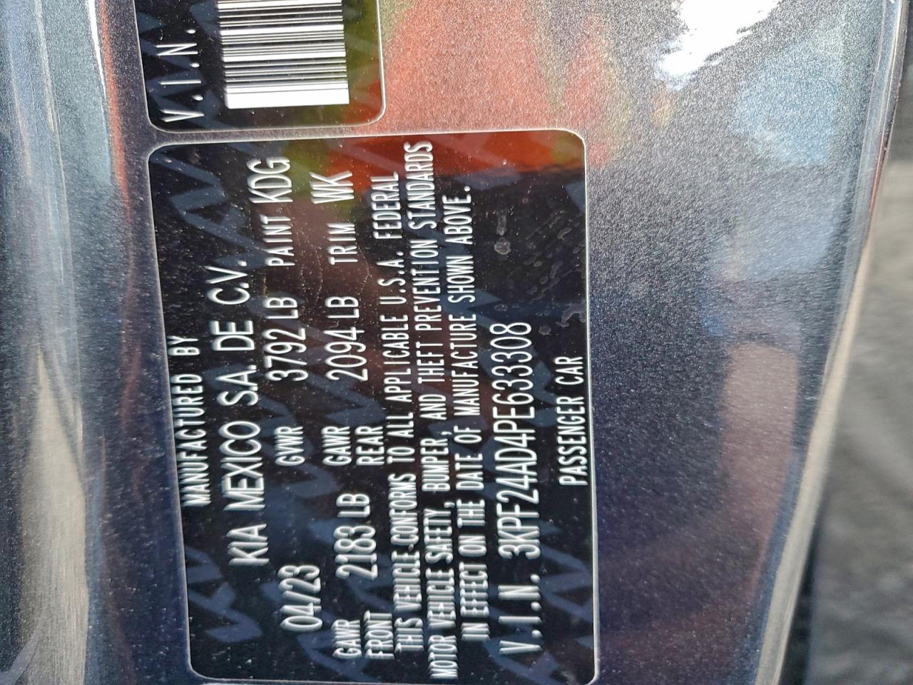 2023 Kia Forte Lx VIN: 3KPF24AD4PE633308 Lot: 93313085