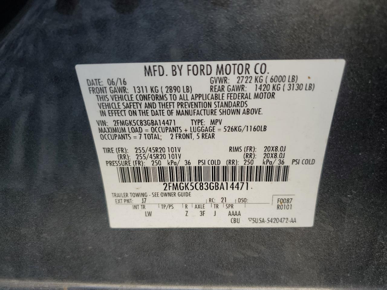 2016 Ford Flex Sel VIN: 2FMGK5C83GBA14471 Lot: 91362165