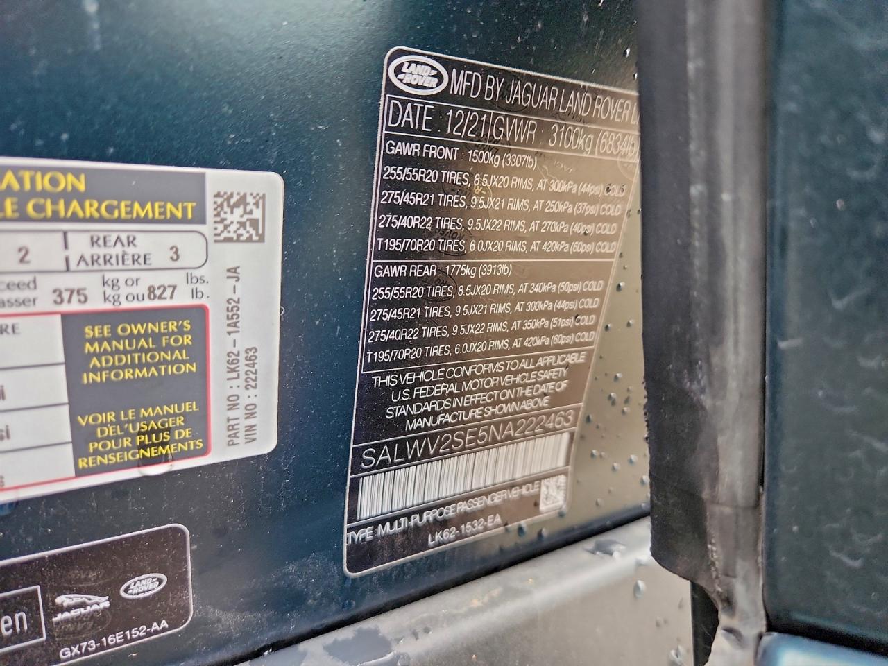 2022 Land Rover Range Rover Sport P525 Autobiography VIN: SALWV2SE5NA222463 Lot: 94098275