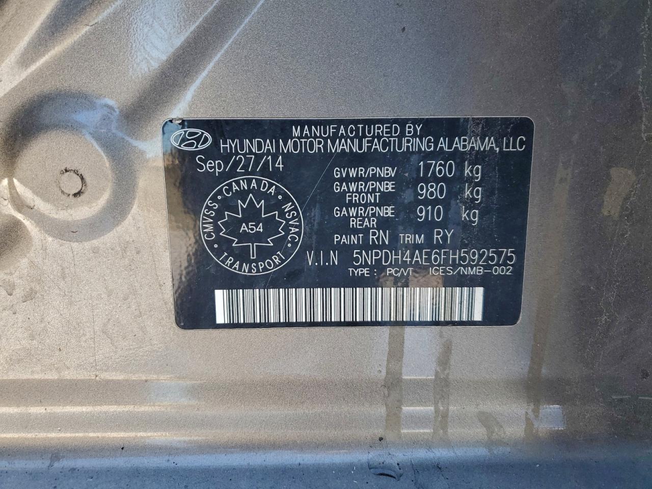 2015 Hyundai Elantra Se VIN: 5NPDH4AE6FH592575 Lot: 92008335