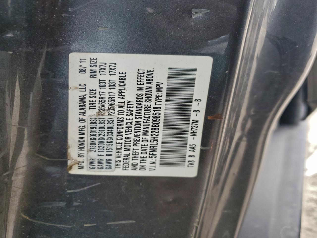 2011 Honda Odyssey Lx VIN: 5FNRL5H22BB098518 Lot: 94091455