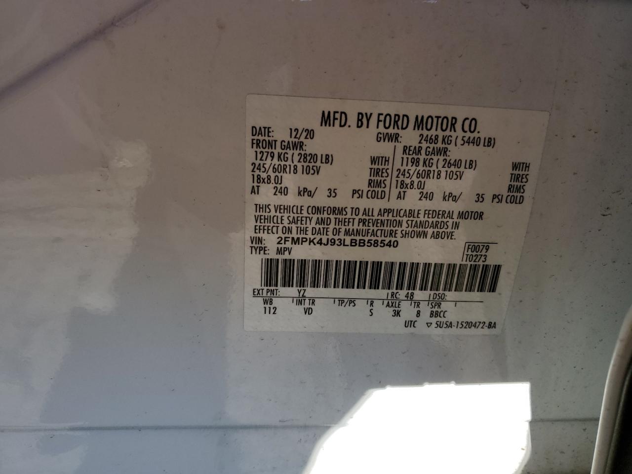 2020 Ford Edge Sel VIN: 2FMPK4J93LBB58540 Lot: 92362745