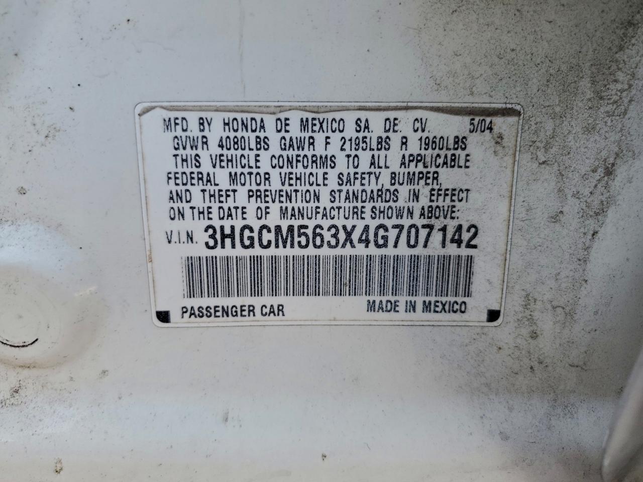 2004 Honda Accord Lx VIN: 3HGCM563X4G707142 Lot: 94452725