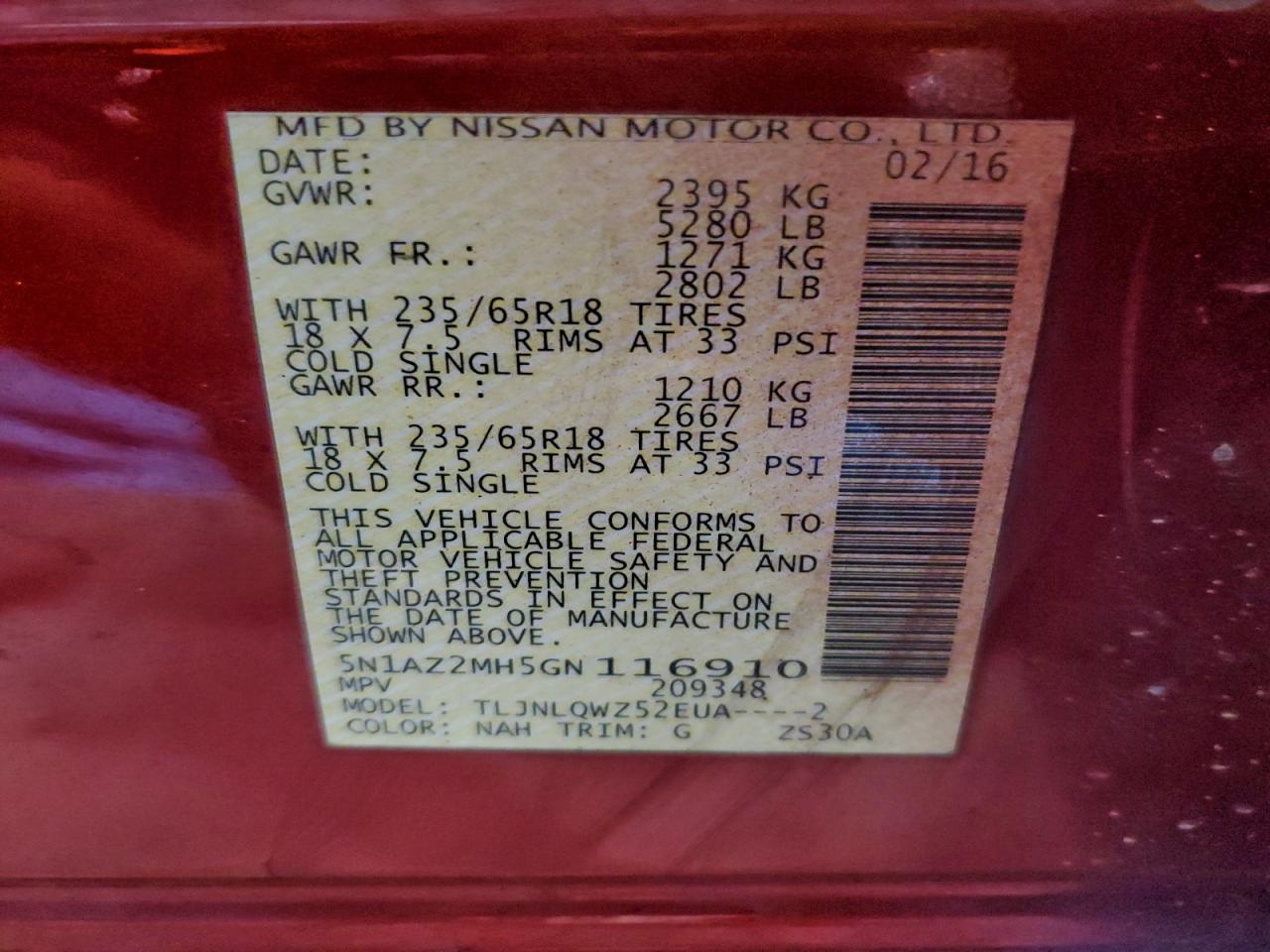 2016 Nissan Murano S VIN: 5N1AZ2MH5GN116910 Lot: 94573625