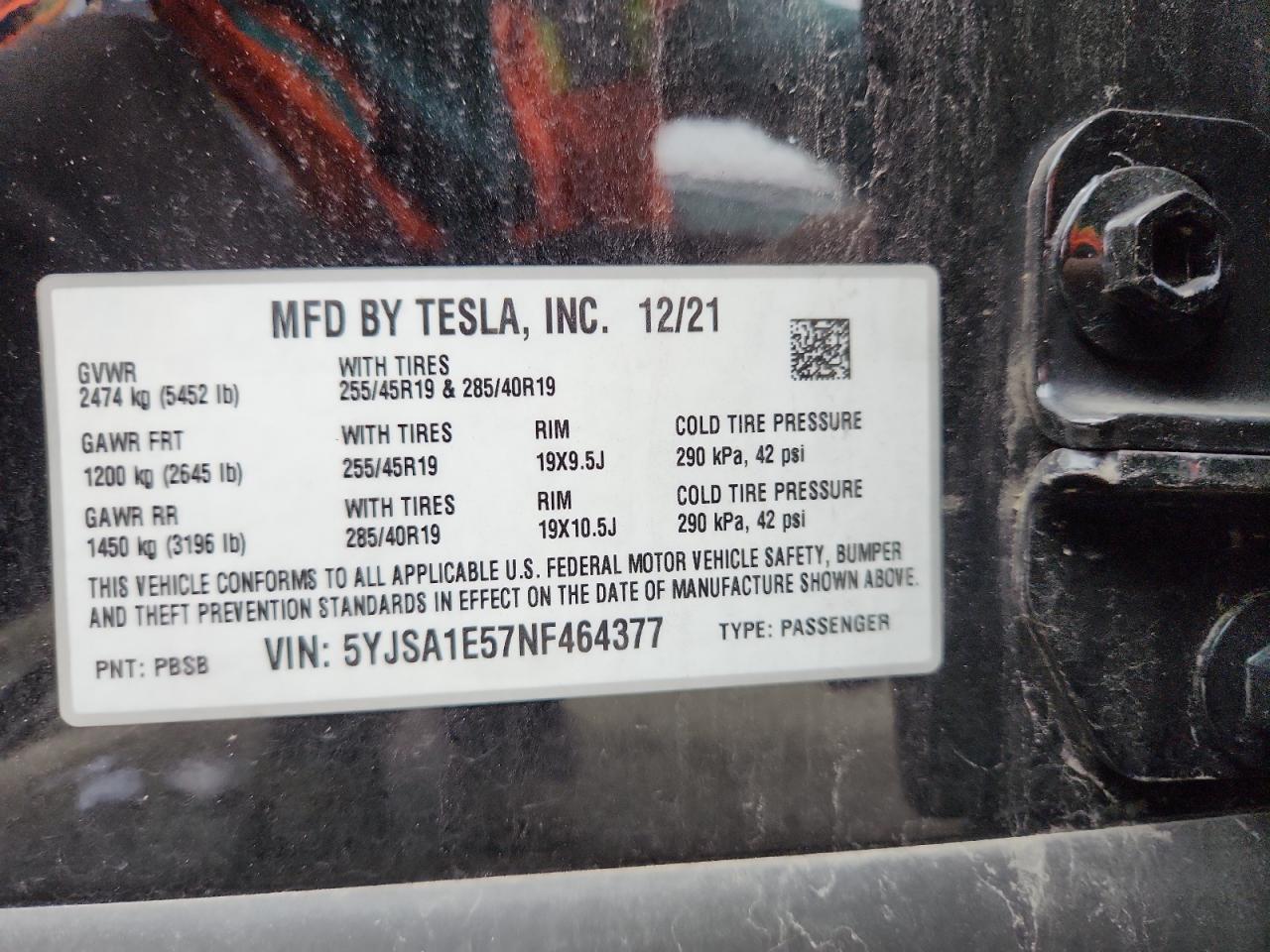 2022 Tesla Model S VIN: 5YJSA1E57NF464377 Lot: 91394955