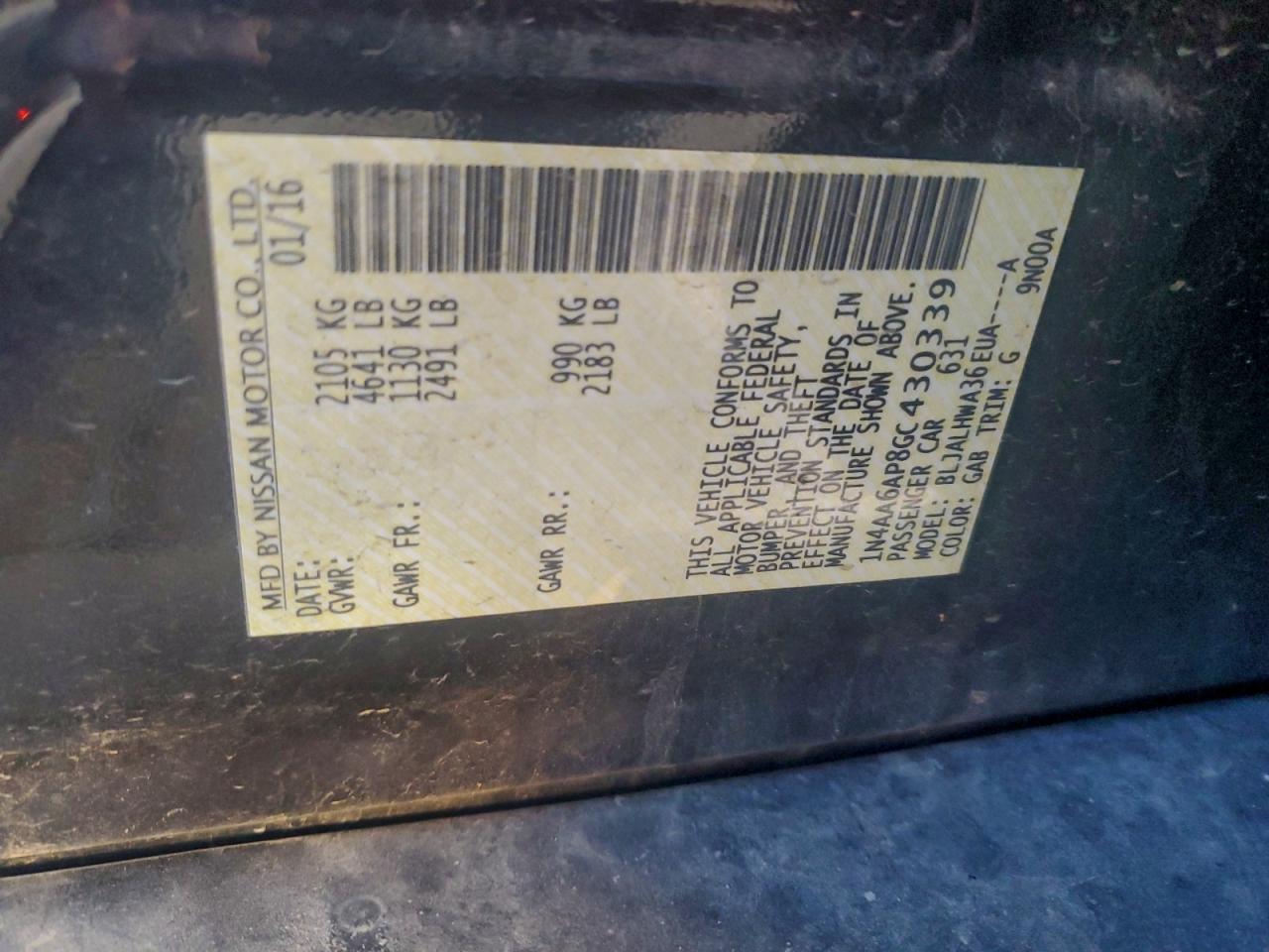 2016 Nissan Maxima 3.5S VIN: 1N4AA6AP8GC430339 Lot: 94114585