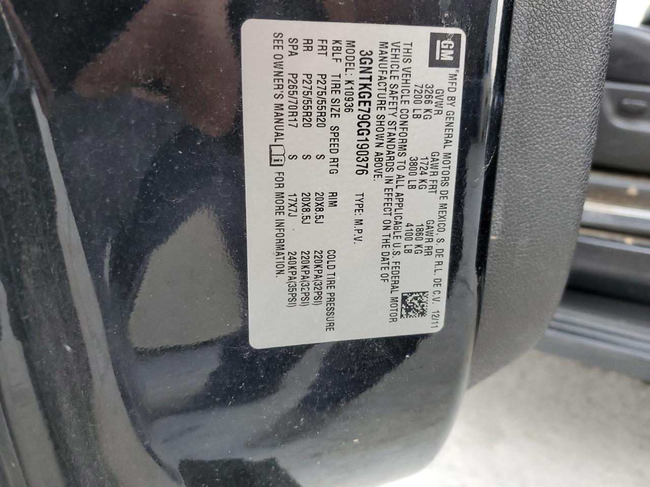 2012 Chevrolet Avalanche Ltz VIN: 3GNTKGE79CG190376 Lot: 93116785