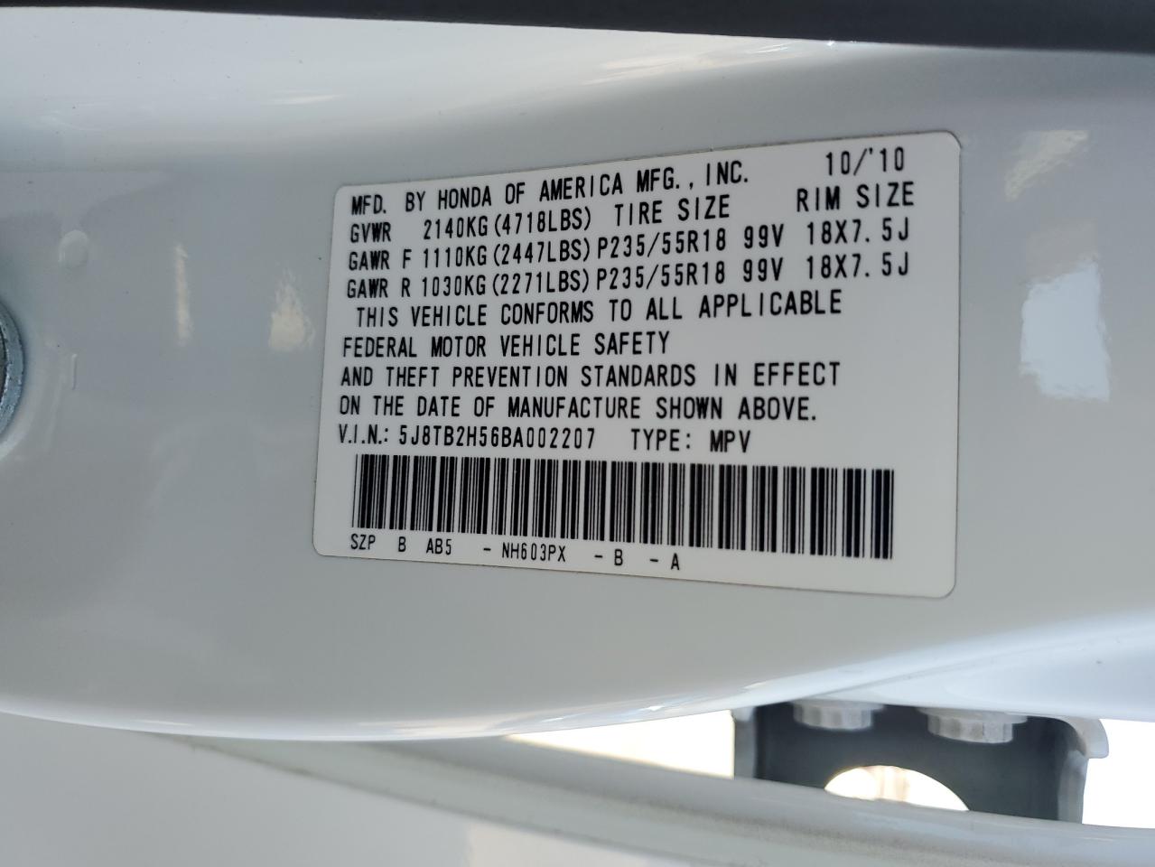 2011 Acura Rdx Technology VIN: 5J8TB2H56BA002207 Lot: 91797095