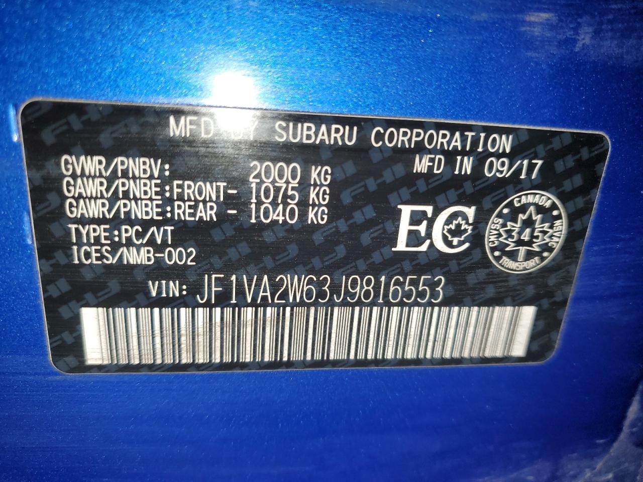2018 Subaru Wrx Sti Limited VIN: JF1VA2W63J9816553 Lot: 91820455