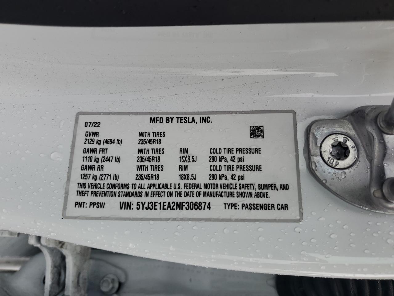 2022 Tesla Model 3 VIN: 5YJ3E1EA2NF306874 Lot: 92808165